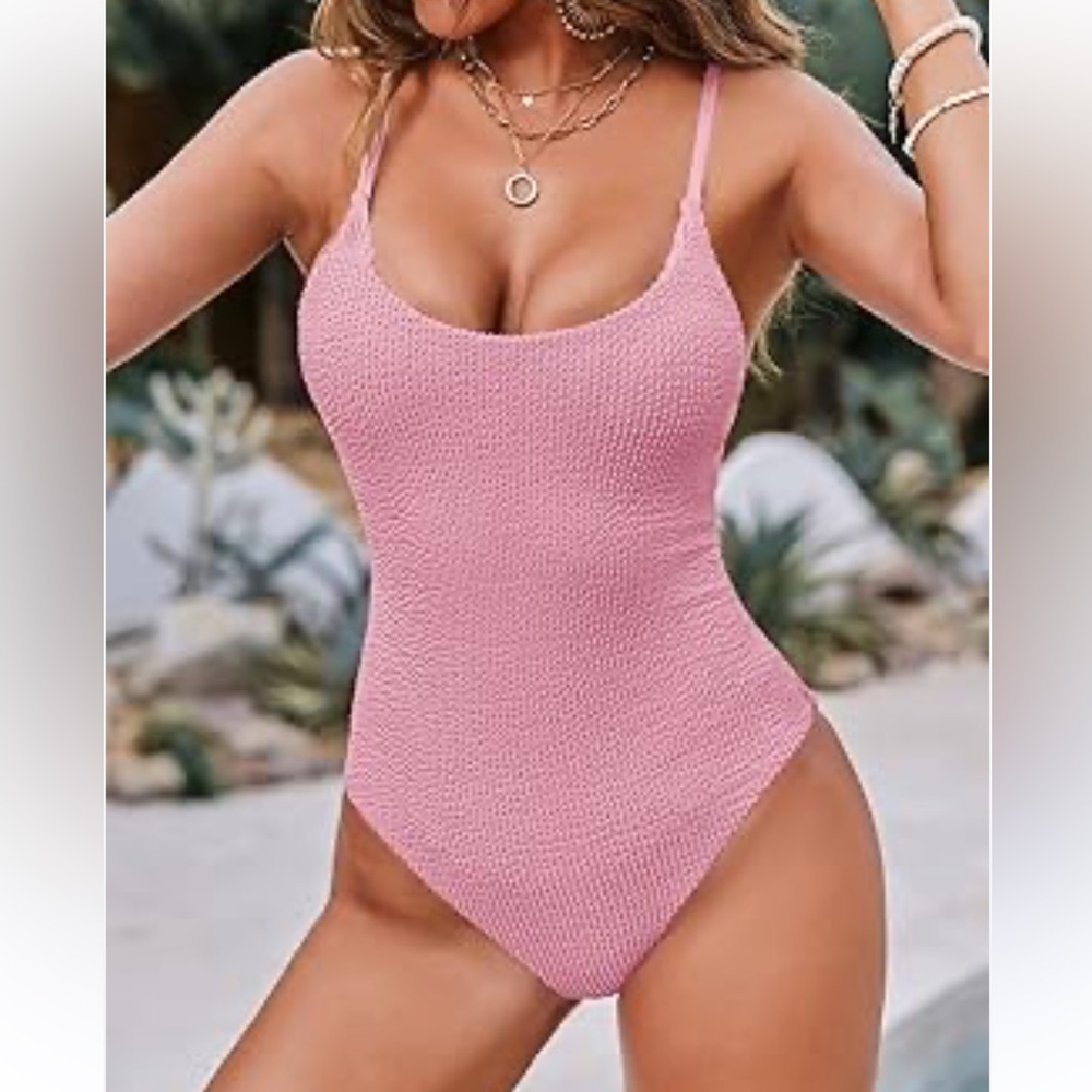 Amazon Pink Women's One Piece Swimsuit crinkle baby pink size L